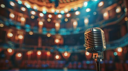 Microphone on stage against a background of auditorium - obrazy, fototapety, plakaty