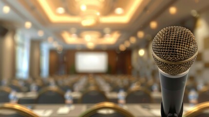 Microphone with blur conference room background.