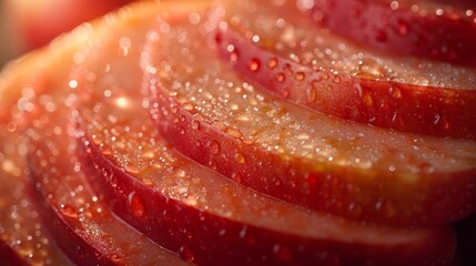  a close up of a sliced apple with drops of water on the top of the sliced apple and on the bottom of the sliced apple. - obrazy, fototapety, plakaty
