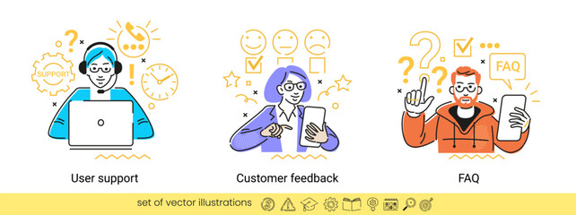 Collection of different business concept scenes. Human with icons and images. FAQ.Customer feedback. User support.
