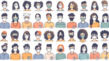 The people are wearing masks due to the fine dust. Modern doodle illustrations done in a hand-drawn style.
