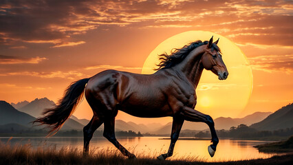 A magnificent horse trotting through the mountains at sunset