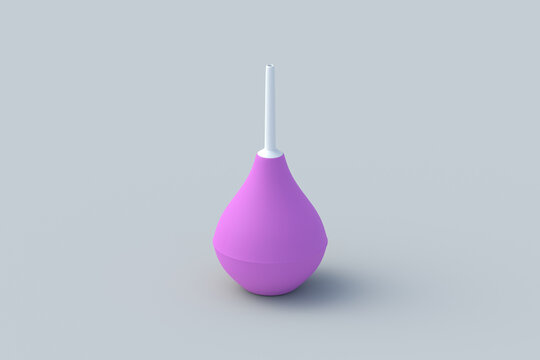 Pink enema on gray background. Rubber douching bag. Pear shaped syringe bulb. Medical clyster. Nasal aspirator. Laboratory tool. Constipation treatment. 3d render
