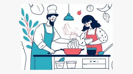 Obraz na płótnie Canvas In this illustration, a man is cooking while a woman is bagging him. This is a modern doodle style illustration of a hand drawn style.