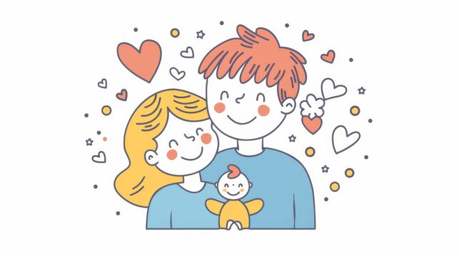 A month dedicated to celebrating families. A loving mother will hold her newborn baby, a loving father will do the same, and cute baby characters will be depicted.