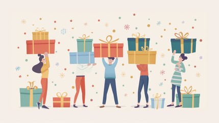People sharing stacked gift boxes on a poster. Flat design style minimal modern illustration.
