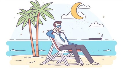 Doodle modern illustration of a businessman on a beach chair resting on a sandy shore.