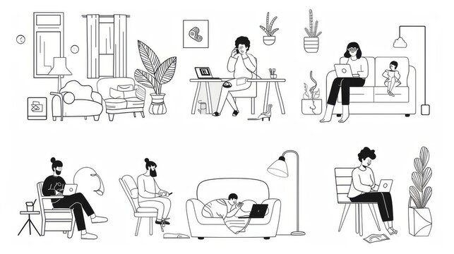 The image shows a variety of characters working from home in a flat design style with minimal moderns.