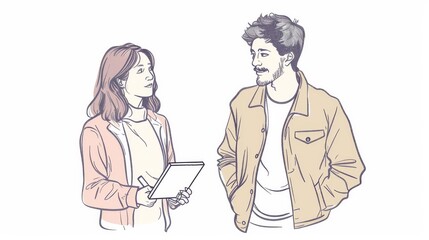 An illustration depicting a man and woman discussing work in the office. Illustrations in hand drawn style.