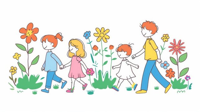 Family Month. Children's Day Sale Event. Cute children walking in flower fields. Banner template.