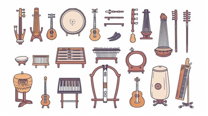 Typical Korean musical instruments: Buk, Gong, Gwaenggwari, Sogo, Jabara, Janggu. - obrazy, fototapety, plakaty