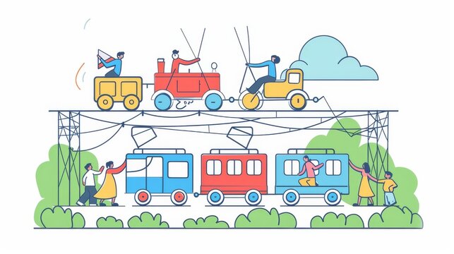 The people are holding trains to each other's shoulders as they play trains together with strings. A flat style minimal modern illustration depicts the people playing trains with strings.