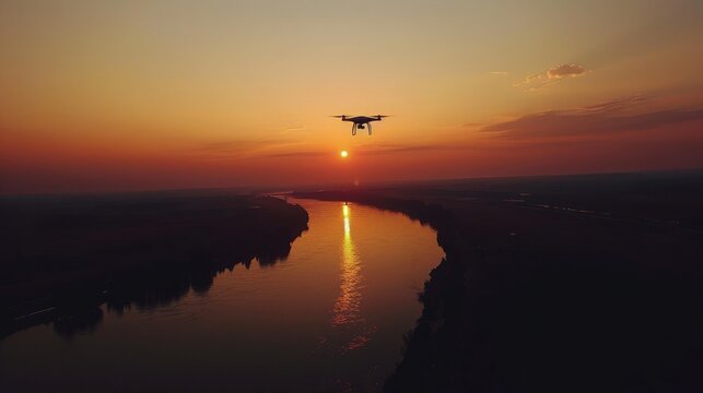 Silhouette Drone flying very high top view river landscape at sunset of take photo and video.