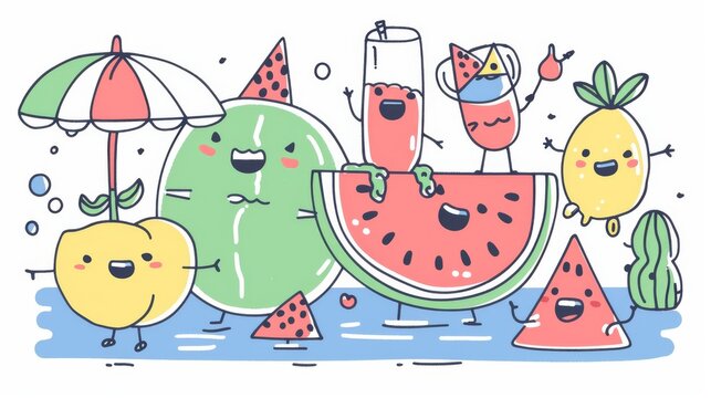 cute fruit characters summer scene