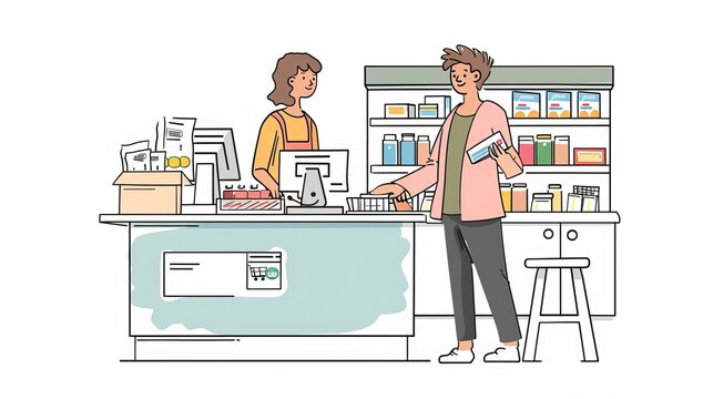 pharmacy customer buying medicine, cashier, shopping clip art preview