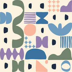 Abstract patterns of geometric and organic shapes with a soft color palette, irregular shapes blended together in a balanced composition. 