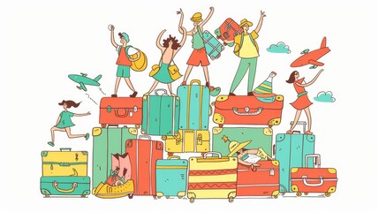 Travel concept banner poster. Suitcases are piled up and people are having fun. Flat design style minimal modern illustration.