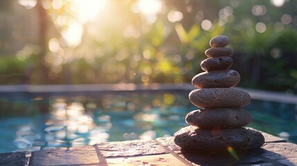 Stones pyramid with swimming pool blur background and sunlight. Photo of symbolizing zen concept and vintage style.