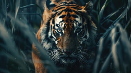 Majestic tiger roaming through tall grass, perfect for wildlife concepts