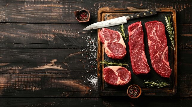 Variety of Raw Black Angus Prime meat steaks Machete, Blade on bone, Striploin, Rib eye, Tenderloin fillet mignon on wooden board copy space