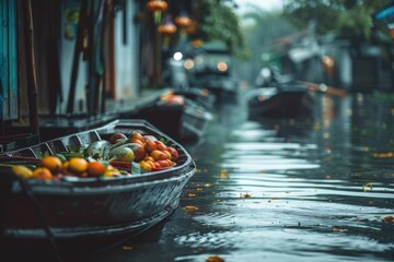 A boat filled with fruit on a flooded street, suitable for various concepts and designs