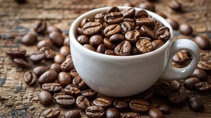 Fototapeta premium White cup full of roasted coffee beans.