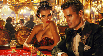 A sophisticated couple dressed in elegant evening attire seated at a high-stakes poker table