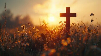 A cross standing in a vibrant field of flowers. Suitable for religious themes or spiritual concepts