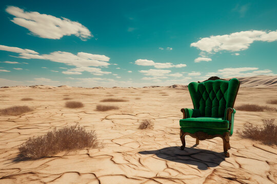 Generative Ai image of a green chair in the middle of the desert.