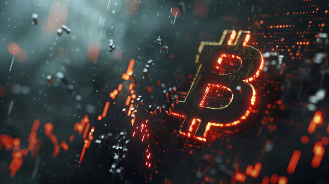 Dramatic depiction of Bitcoin symbol plummeting amidst digital market charts visualizing a sharp decrease