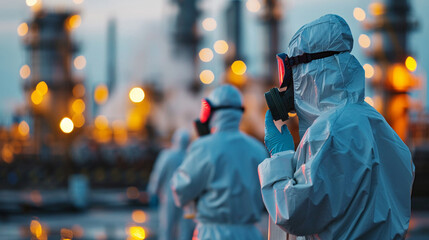 Workers in protective suits focused on hazardous task chemical plant blurred in backdrop safety first