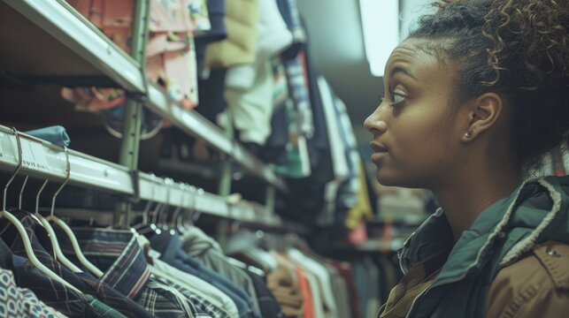 A woman looking at a rack of clothes in a store. Ideal for fashion or retail concepts