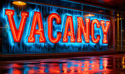 Neon-lit VACANCY sign in bold 3D letters on a reflective blue surface, indicating available employment opportunities or accommodations