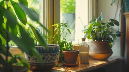 A collection of green potted plants on a windowsill. Perfect for home decor or gardening concepts