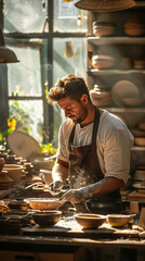 Artisan at work in a sunlit studio, crafting a masterpiece, ideal for stories of creativity, passion, and artisanal skill 