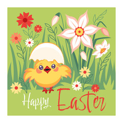 Easter poster with happy Holiday personage spring chicken character among spring flower - 760617195