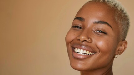 Portrait of a woman with a nose piercing, smiling. Suitable for lifestyle and beauty concepts - obrazy, fototapety, plakaty