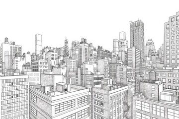 Detailed black and white drawing of a cityscape, perfect for architectural projects