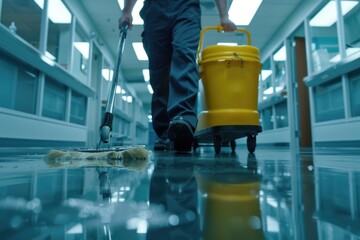 A man using a mop and bucket to clean the floor. Suitable for cleaning service concept - obrazy, fototapety, plakaty