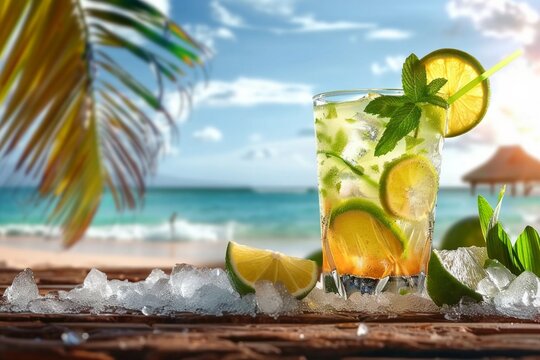 Summer drink with blur beach on background. generative ai.