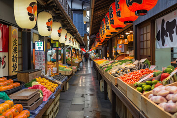 Fototapeta premium A minimalist shot showcasing the vibrant colors of the Nishiki Market, with rows of traditional stalls selling fresh produce and local delicacies, Japanese minimalistic style,