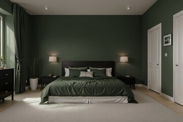 Cozy minimalist bedroom design in calm green tones