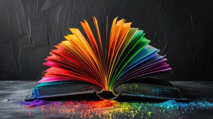 A vibrant book with rainbow pages spread out, evoking the diversity and inclusivity of the LGBT community, symbolizing creativity and the magic of reading.