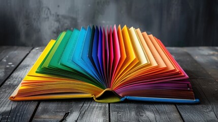 A vibrant book with rainbow pages spread out, evoking the diversity and inclusivity of the LGBT community, symbolizing creativity and the magic of reading.