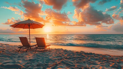 Beach chairs and umbrella on a sandy beach at sunset. Perfect for travel and vacation concepts - obrazy, fototapety, plakaty