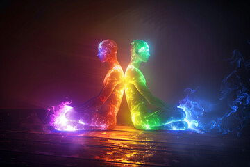 Two individuals sitting back to back, each with a glowing aura around them, illustrating the connection of energies despite physical separation, - obrazy, fototapety, plakaty