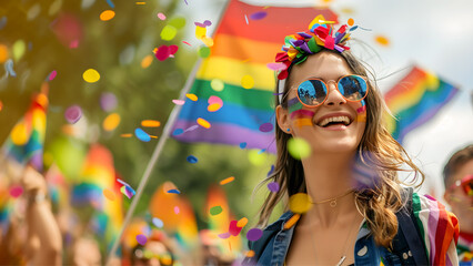 A happy woman enjoying the Pride Parade. LQBTQ parade background with the rainbow flag and copy space