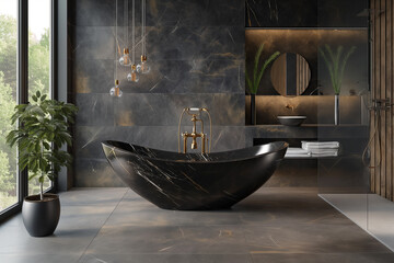 Modern bathroom interior with black marble walls, concrete floor, and comfortable black bathtub. 3d rendering