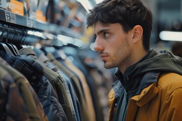 A man looking at a rack of clothes in a store. Suitable for fashion or retail concepts - obrazy, fototapety, plakaty