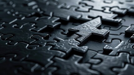 Detailed view of a single black puzzle piece. Ideal for concepts of problem solving and strategy - obrazy, fototapety, plakaty